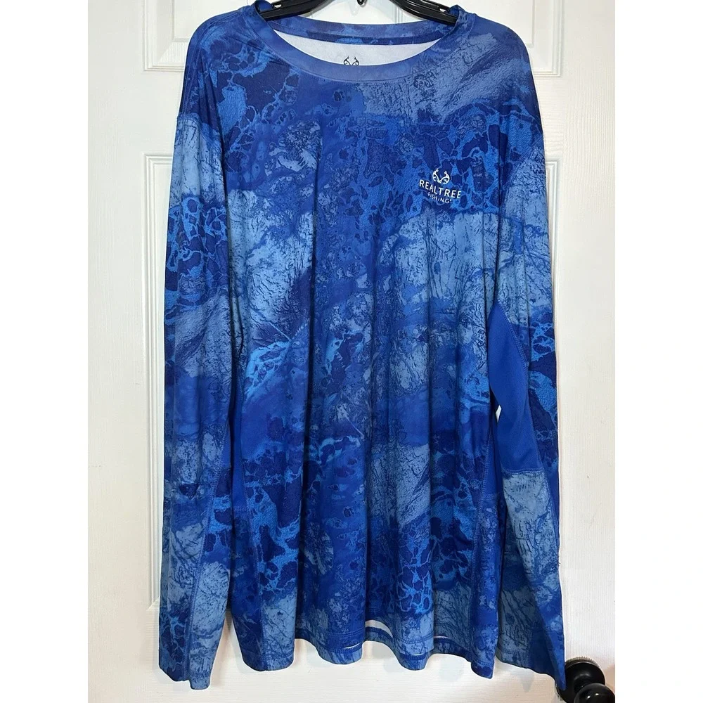 REALTREE FISHING MENS BLUE CAMO ACTIVEWEAR POLY SPANDEX SHIRT SZ 2XL